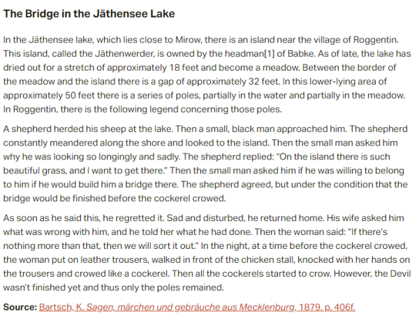 German folk tale "The Bridge in the Jäthensee Lake". Drop me a line if you want a machine-readable transcript!