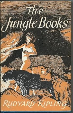Image is the cover of an edition of "The Jungle Books" by Rudyard Kipling.  The cover image shows a young man, Mowgli, standing naked in a cave with a panther and wolves around him