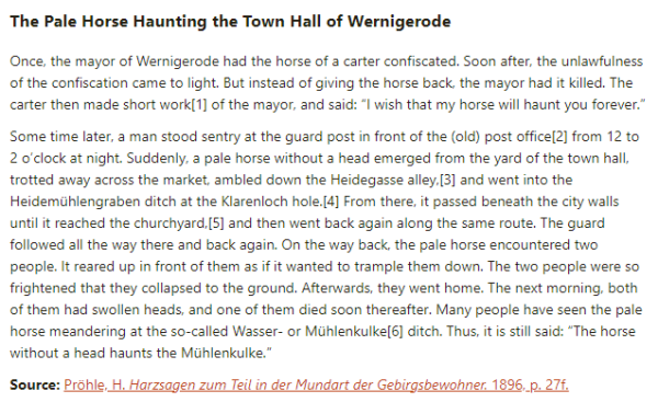 German folk tale "The Pale Horse Haunting the Town Hall of Wernigerode". Drop me a line if you want a machine-readable transcript!