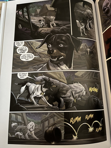 In this page from Beasts of Burden: Occupied Territory graphic novel, the weirs dog Emrys and his new friend Mullins explore a spooky village 