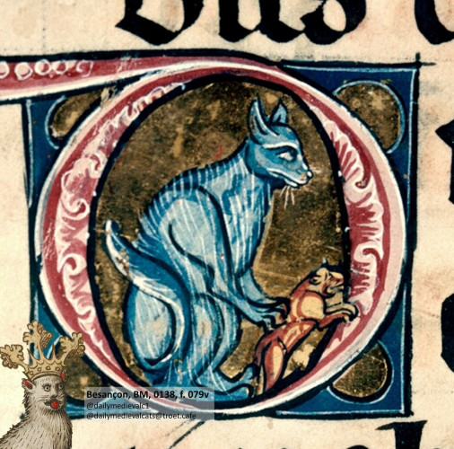 Picture from a medieval manuscript: A blue cat holds back a mouse