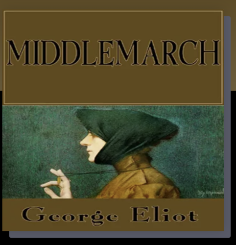 Title at top: Middlematch
Author listed at bottom: George Eliot
Middle section shows profile figure facing left. Head covered in green. Brown clothing with high collar. Hand held in front of chin with thumb and index finger touching.