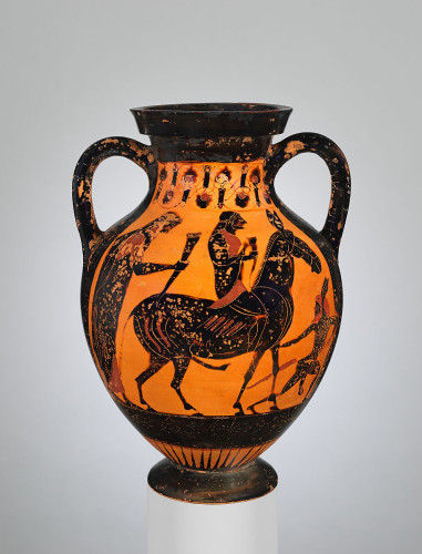 Black-figure vase painting of Hephaistos riding up Mount Olympos on the back of a donkey or mule led by a satyr. He is holding a rython cup. The mule or donkey has a visible erection.