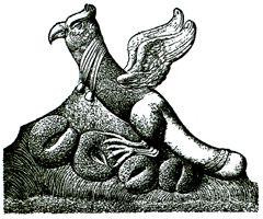 A birdlike creature with a beak, wings, and a phallic tail sits atop four stylised vulvas.