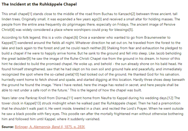 German folk tale "The Incident at the Ruhkäppele Chapel". Drop me a line if you want a machine-readable transcript!