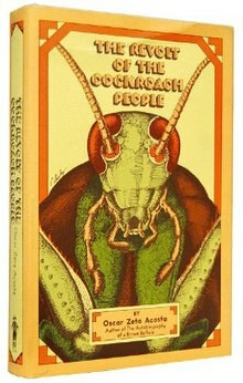 Book cover of Oscar Zeta Acosta's "Revolt of the Cockroach People" with enormous close-up of a cockroach on a yellow background.