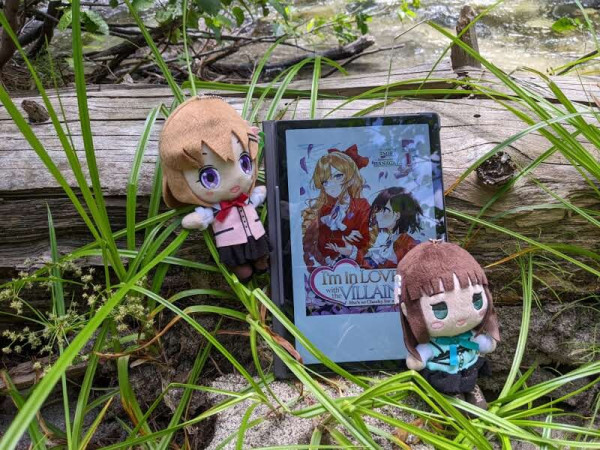 Cocoa-chan and Chiya-chan plushies stand next to an tablet displaying the cover of the She's so Cheeky for a Commoner."