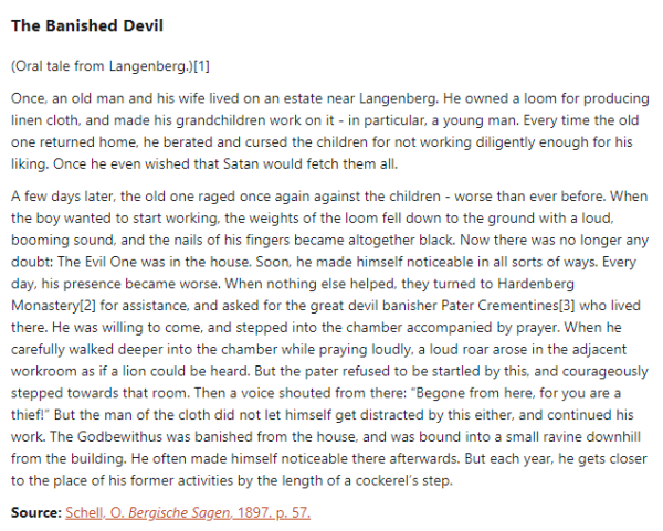 German folk tale "The Banished Devil". Drop me a line if you want a machine-readable transcript!