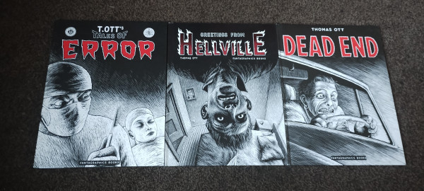 Book covers by Thomas Ott. Tales of Error, Hellville, Dead End. Scratch board style comic book illustration for neo-noir horror stories 