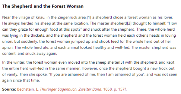 German folk tale "The Shepherd and the Forest Woman". Drop me a line if you want a machine-readable transcript!
