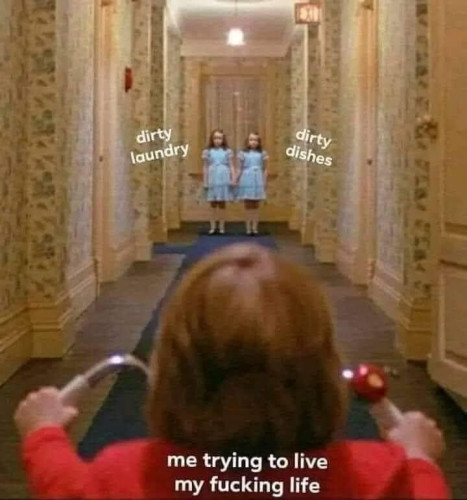 The Grady twins in front of Danny on his tricycle in The Shining. The text by each of them says "dirty laundry" & "dirty dishes" and the text by Danny says "me trying to live my fucking life"