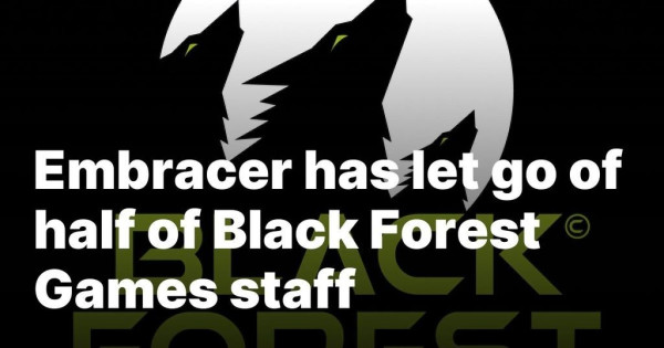 "Embracer has let go of half of Black Forest Games' staff" text laid over the Black Forest Games logo.