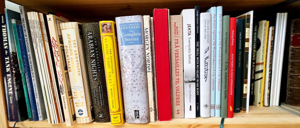 Books standing on a shelf.