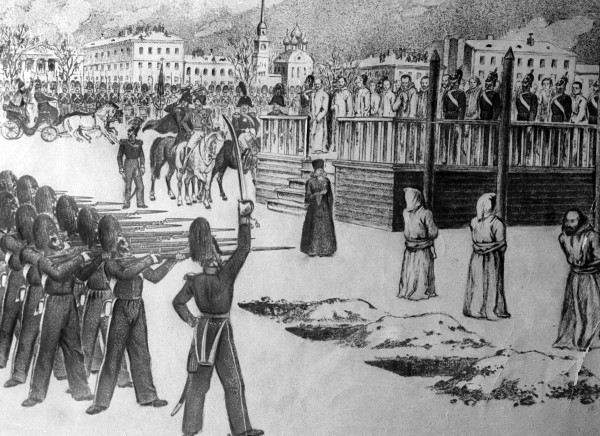 A sketch of the Petrashevsky Circle before the firing squad in what turned out to be a mock execution.