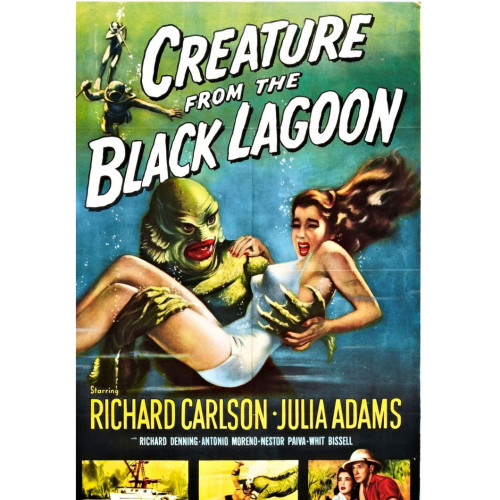 Movie Poster for Creature from the Black Lagoon. The amphibious Gillman is carrying a frightened Kay Lawrence. Underwater divers with spear guns are shown in the background.