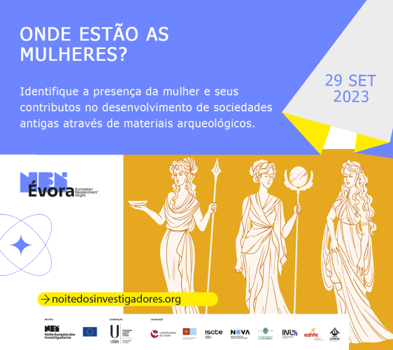Poster for the activity "Onde Estão as Mulheres?", meaning "Where are the women?", a guided tour showcasing the presence and contributions of women in ancient societies we may assess through archaeological materials.