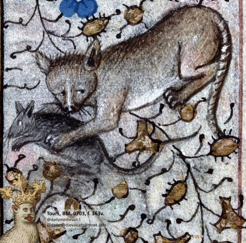 Picture from a medieval manuscript: A cat feels sorry for catching a mouse