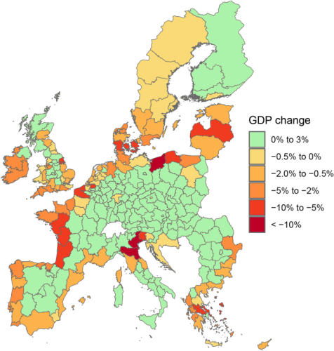 Relative change (%) in national GDP in 2100 due to SLR under the SSP5-RCP8.5 scenario. The percentage change is computed relative to a baseline scenario assuming a yearly 2% growth in GDP for all regions. Countries coloured in green increase their GDP by up to 0.41% (Luxembourg) relative to the baseline, while those coloured in yellow, orange and red lose up to 7.69% (Latvia).