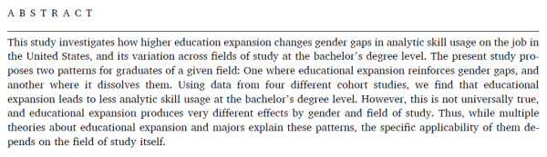 ABSTRACT

This study investigates how higher education expansion changes gender gaps in analytic skill usage on the job in the United States, and its variation across fields of study at the bachelor’s degree level. The present study pro- poses two patterns for graduates of a given field: One where educational expansion reinforces gender gaps, and another where it dissolves them. Using data from four different cohort studies, we find that educational expansion leads to less analytic skill usage at the bachelor’s degree level. However, this is not universally true, and educational expansion produces very different effects by gender and field of study. Thus, while multiple theories about educational expansion and majors explain these patterns, the specific applicability of them depends on the field of study itself. 