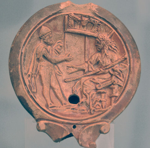 Terracotta oil lamp depicting Odysseus with the Sun. Helios is seated on a throne, wearing his sunray crown. Three of his horses can be seen in the background.