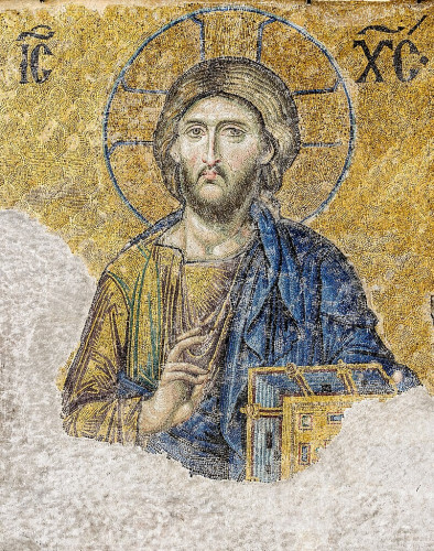 The Christ Pantocrator of the Deesis mosaic (13th-century) in Hagia Sophia (Istanbul, Turkey).