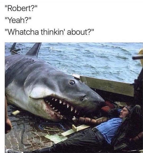 "Robert?"
"Yeah?"
"Whatcha thinkin' about?"

[Picture is a candid shot from the movie, Jaws, between takes, where Bruce the shark is lying down on the ship and Robert Shaw is lying next to it with his arm up and tucked under his head, relaxing