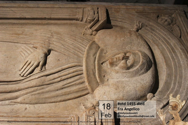 The picture shows a grave slab with a figure wrapped in a cowl.