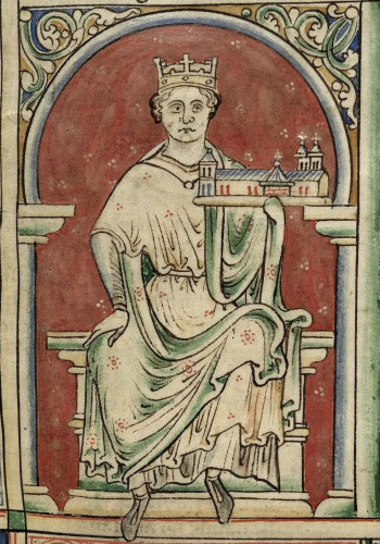 Painting of a crowned king enthroned, under a rounded and ornamental arch, holding a model of a cathedral.