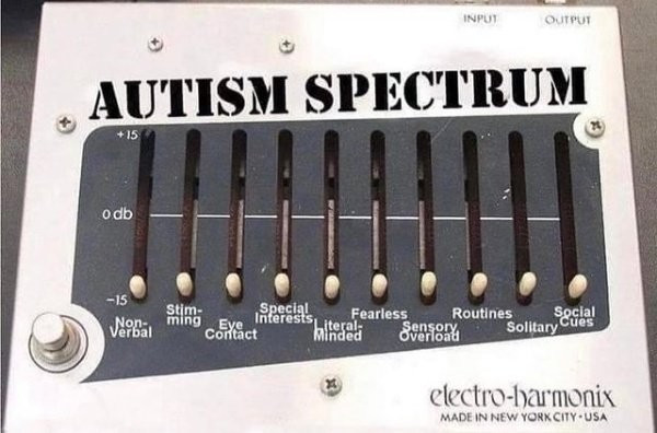A photo of an audio mixer with a bunch of sliders. A caption above the image reads, "AUTISM SPECTRUM". Each slider has a caption below it. They read: Non-Verbal, Stimming, Eye Contact, Special Interests, Literal Minded, Fearless, Sensory Overload, Routines, Solitary, and Social Cues.
