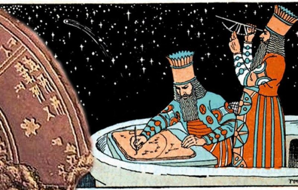 Drawing of two ancient Babylonian astronomers observing the sky and taking notes. On the left, the fragment of a Babylonian calender is shown too.