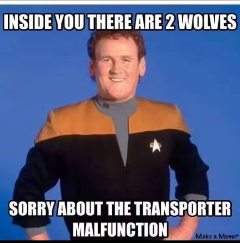 A picture of obrien from star trek and the caption "Inside you there are two wolves - Sorry about the transporter malfunction."
