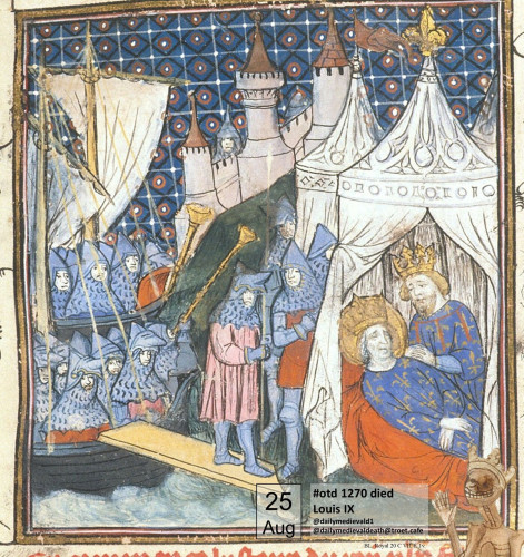 The picture from a medieval manuscript shows the dying king in a tent, with his son Philip III next to him and his soldiers in the background.