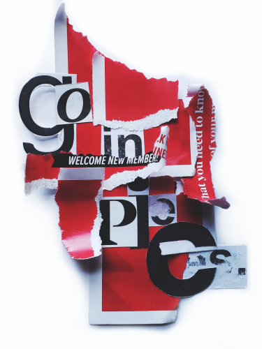 collage of torn magazine paper with distressed typography that says "go in pieces"