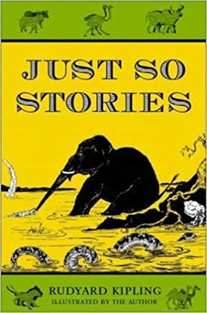 Image shows cover of an edition of "Just So Stories" by Rudyard Kipling

The centre of the image is a yellow background between two green horizontal bands top and bottom. In the top green band are drawiwngs of ostriches, buffalo and hyenas. In the bottom green band are the words "Rudtyard Kipling illustrated by the author.

The centre picture has the words JUST SO STORIES
 and shows an elephant sitting in a river with its trunk in the water, a crocodile has got the elephant's trunk in its mouth. in the foreground of the image is a large snake, of a constrictor variety