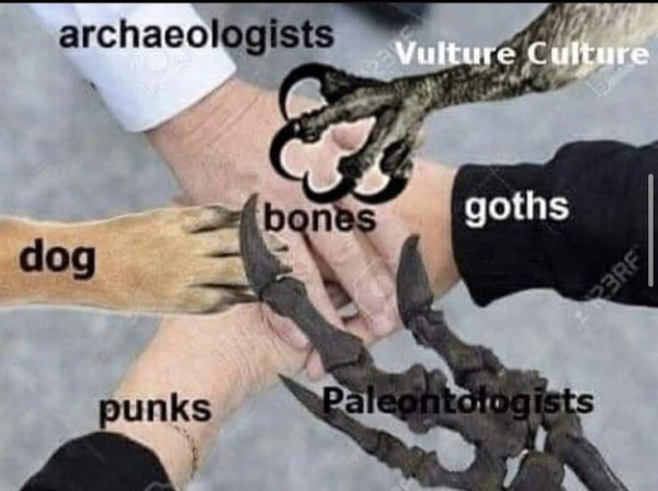 Different hands/paws/claws all putting them into a hand huddle:

Archaeologists - normal hand
Vulture Culture - vulture claw
Goths - a hand with a black sleeve
Paleontologists - a bony skeletal hand
Punks - a hand with a black sleeve
Dog - dog paw