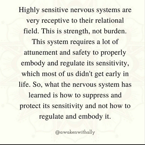 Highly sensitive nervous systems are very receptive to their relational field. This is strength, not burden. The system requires a lot of attunement and safety to properly embody and regulate its  sensitivity, which most of us didn't get early in life. So, what the nervous system has learned is how to suppress and protect its sensitivity and not how to regulate and embody it. (From Awaken with Hally Instagram)