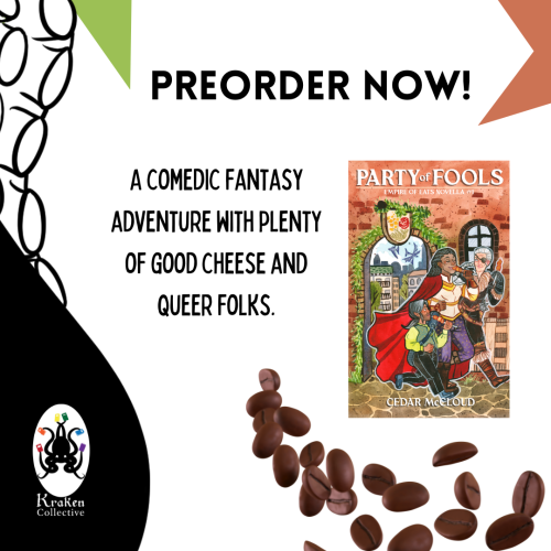 PREORDER NOW splash  A comedic fantasy adventure with plenty of good cheese and queer folks. Cover shows three adventures eating food-sticks in a city street. 
