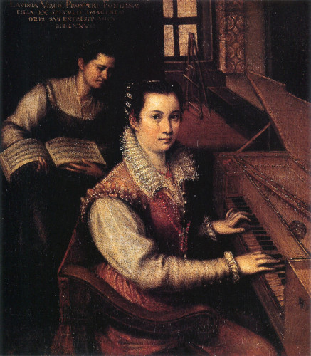 Self-Portrait at the Virginal with a Servant, by Lavinia Fontana. It is a painted portrait with the artist seated at a virginal (or a piano-like instrument). She wears a gown with an elaborate lace collar and her hair pinned up and back. She has a servant woman behind her holding her sheet music. 