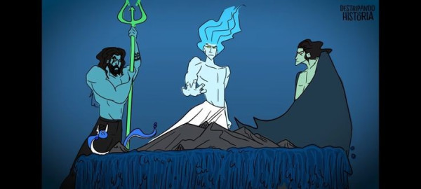 Screenshot of Destripando La Historia's animated music video depicting the division of the realms. Zeus is standing in the centre with his palm spread over a simple model of earth as a mountain with the ocean flowing around it and down the sides. On his left is Poseidon with his trident, on his right is Hades wearing a long, dark cape.
