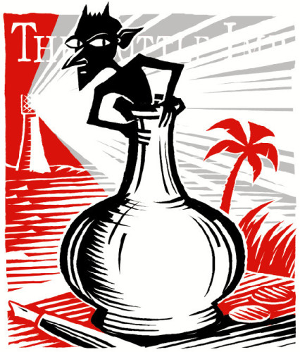 Against a red background, showing a lighthouse and a palm tree, stands a black-outlined, long-necked, round-bellied bottle. The head and shoulders of a long-nosed, skinny imp pokes out of the neck of the bottle. An old-fashioned fountain pen lies in front of the bottle.