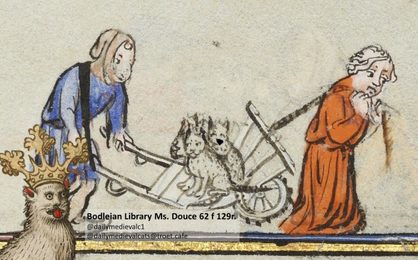 Picture from a medieval manuscript: The picture shows on the left a person in blue robe, on the right a person in red robe. The two carry a group of cats on a cart between them.