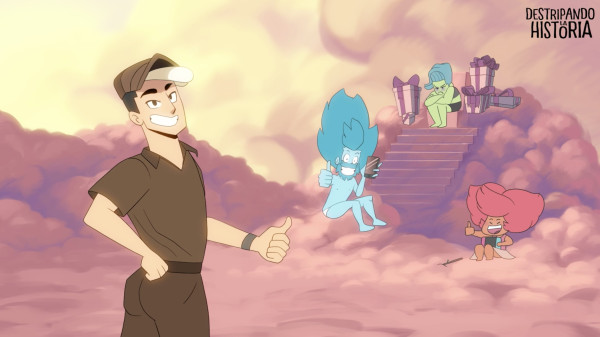 Screenshot from the music video depicting Hermes in UPS uniform giving a thumb up with a smug smile. Zeus, Demeter, and Hestia are in the background with a bunch of gifts Hermes delivered. Zeus and Hestia are clearly delighted but Demeter is shown grieving her daughter's disappearance.