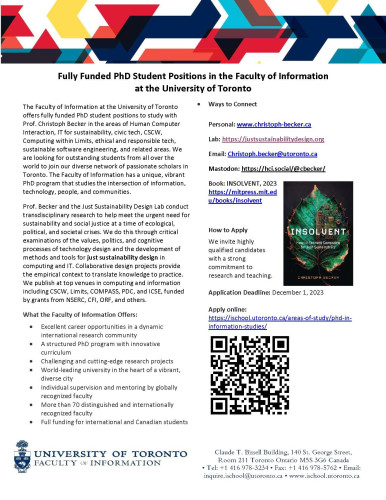 A fullpage PhD offer ad, headline "Fully Funded PhD Student Positions in the Faculty of Information
at the University of Toronto" (PDF version at http://www.christoph-becker.info/wp-content/uploads/2023/09/Recruitment-One-Pager-PhD-ChristophBecker.pdf)