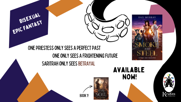 A black and white tentacle wraps around a cover with three cat-eared girls. The book is described as bisexual epic fantasy and available now! Tag line: One priestess only sees a perfect past, One only sees a frightening future, Saritrah only sees betrayal.