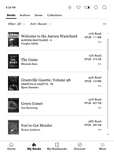 Screenshot of my Kobo Sage ereader, showing five novels, the titles discussed in the text.
