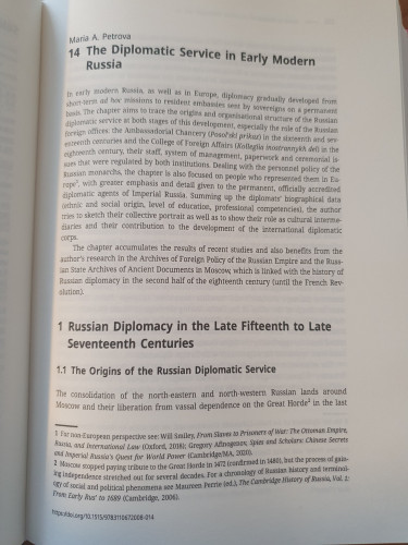 First page of the article "14 The Diplomatic Service in Early Modern Russia" by Maria A. Petrova in the Early Modern European Diplomacy Handbook.