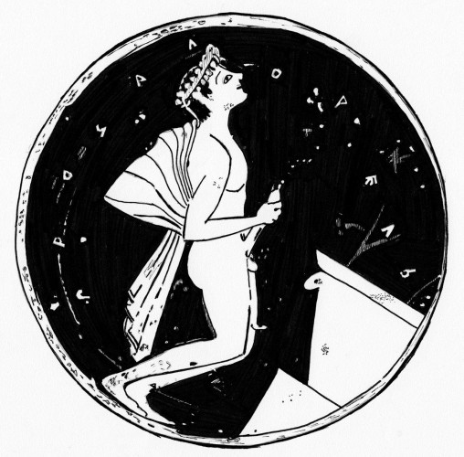 Black-and-white copy of a red-figure vase painting depicting a young man masturbating into a wine krater.