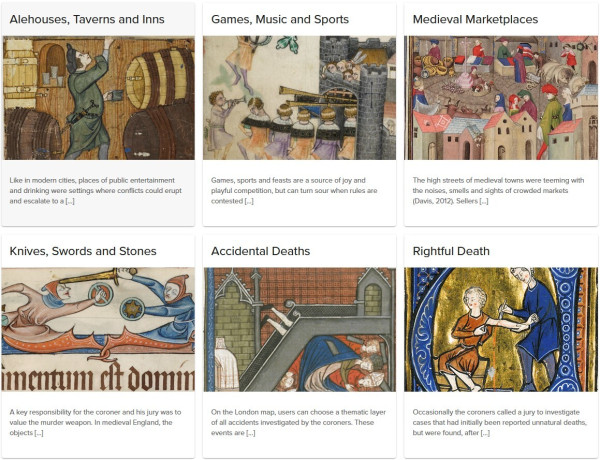 Screenshot from the blog index, 6 posts with relevant contemporary images. They're entitled 1. Alehouses, Taverns & Inns; 2. Games, Music & Sports; 3. Medieval Marketplaces; 4. Knives, Swords & Stones; 5. Accidental Deaths; 6. Rightful Death. 