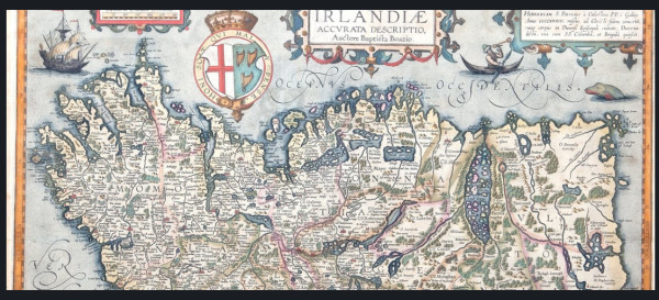 Detail of coloured 16th century map of Ireland 