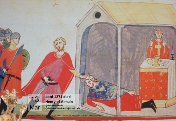 The picture shows Heinrich lying on the ground in a church, covered in blood. His murderer drags him by the head out of the church to waiting henchmen.